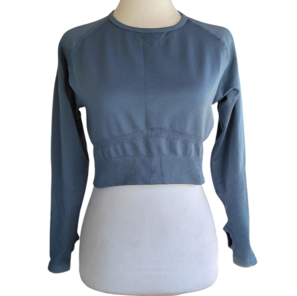 AYBL Blue Long Sleeve Workout Crop Top Thumb Holes Ventilation Size XL